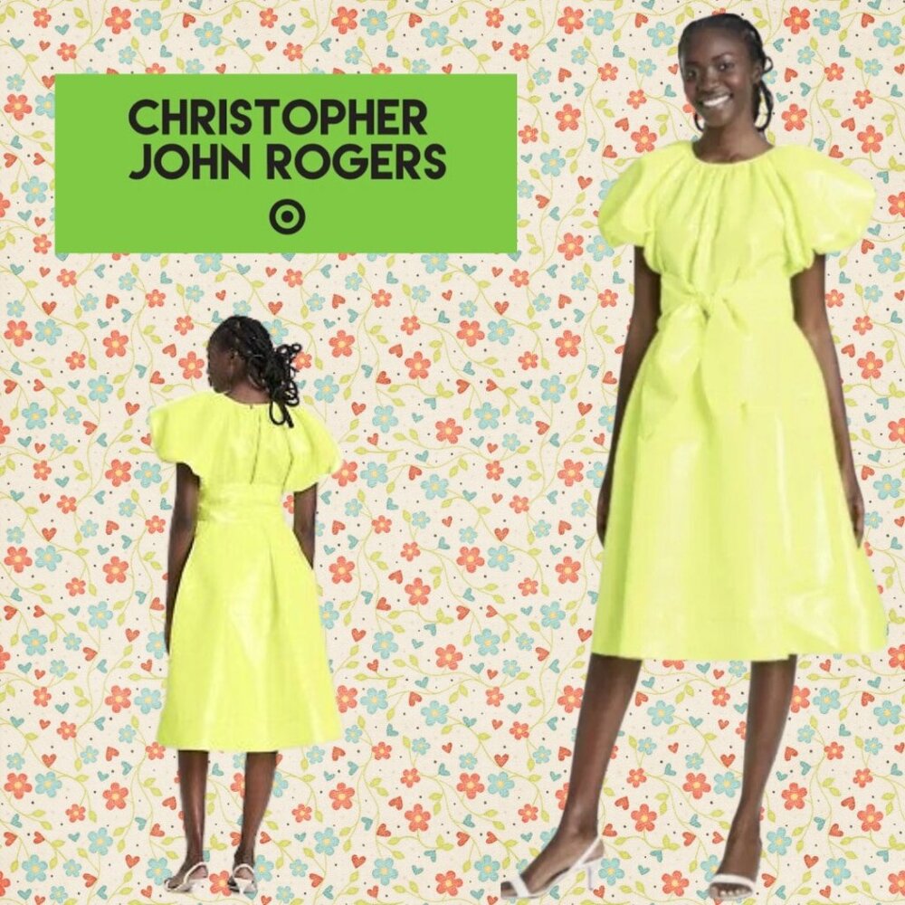 Christopher John Rogers Lemon Yellow Puff-Sleeve Midi Dress